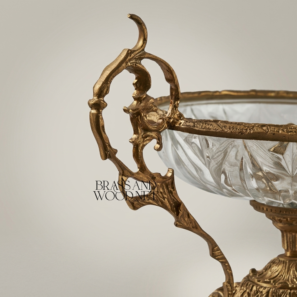 Classical Baroque Crystal & Brass Candy Bowl - Ornate Scrollwork Pedestal
