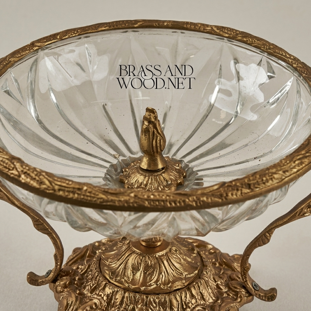 Classical Baroque Crystal & Brass Candy Bowl - Ornate Scrollwork Pedestal