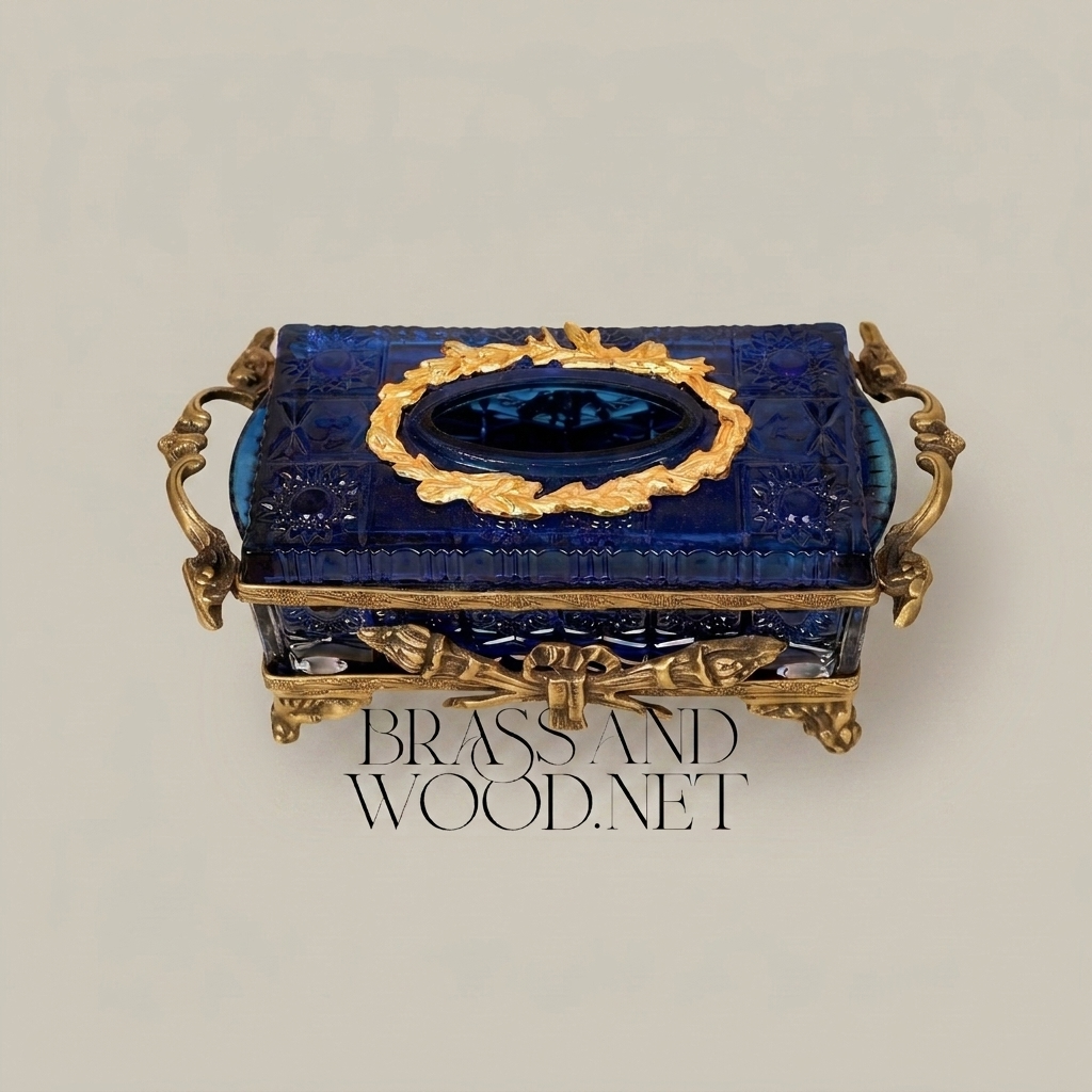 Napoleon III Rococo Revival Navy Crystal Tissue Box with Gilt Botanical Mounts