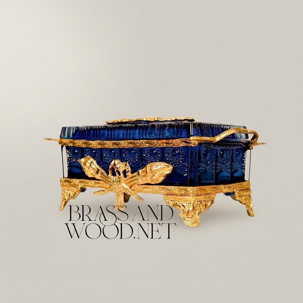 Napoleon III Rococo Revival Navy Crystal Tissue Box with Gilt Botanical Mounts