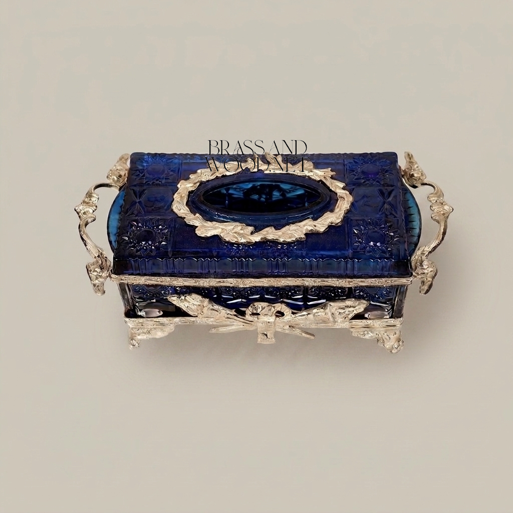 Napoleon III Rococo Revival Navy Crystal Tissue Box with Gilt Botanical Mounts