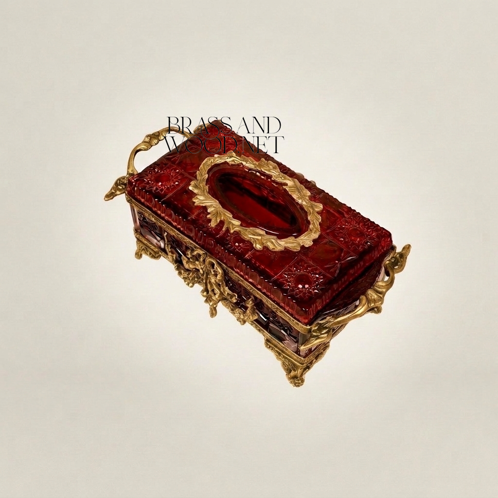 Napoleon III Rococo Revival Crystal Tissue Box - Deep Crimson with Gilt Brass Laurel & Scroll Mounts