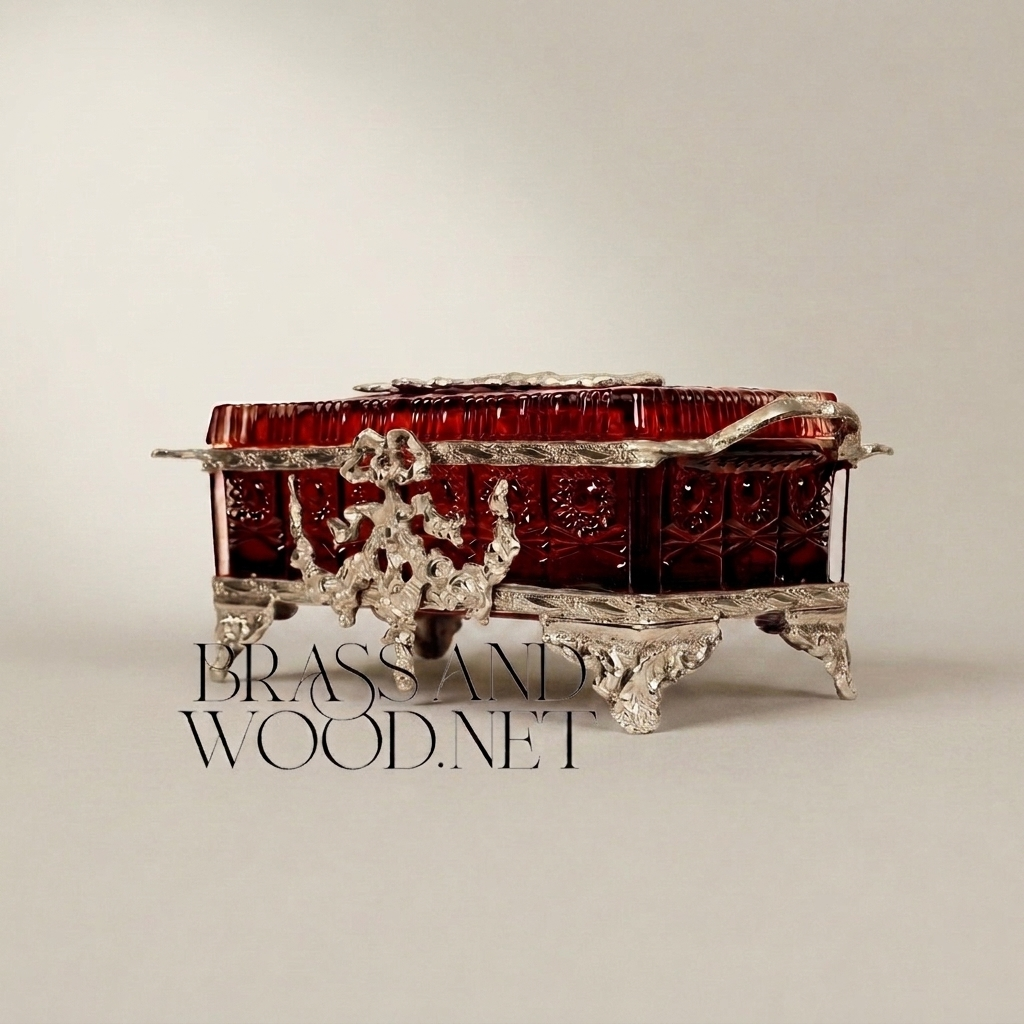 Napoleon III Rococo Revival Crystal Tissue Box - Deep Crimson with Gilt Brass Laurel & Scroll Mounts