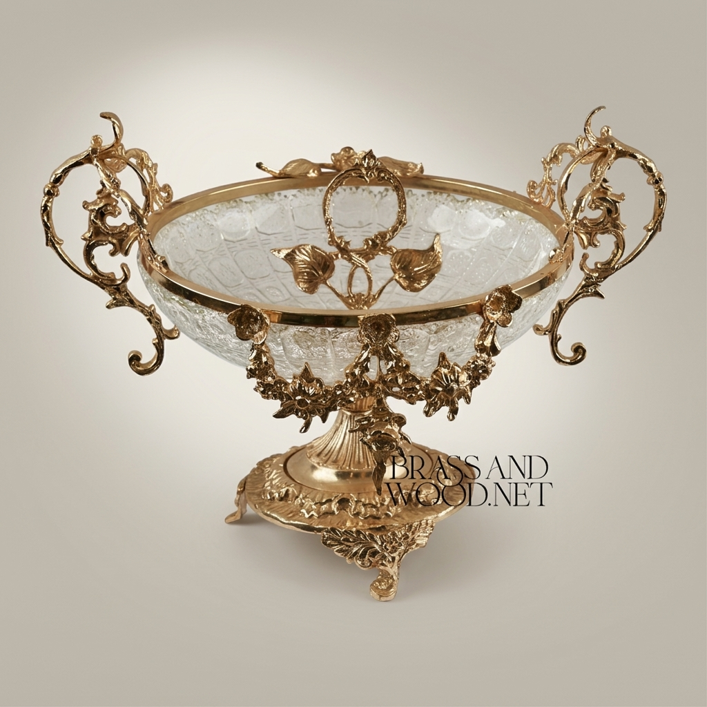 Baroque Crystal & Brass Centerpiece Bowl with Floral Garland Handles
