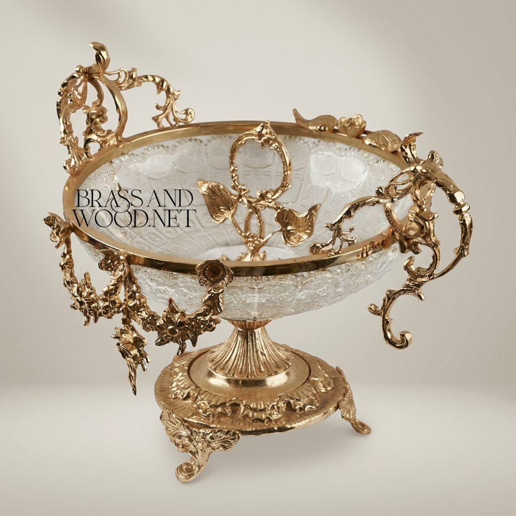 Baroque Crystal & Brass Centerpiece Bowl with Floral Garland Handles