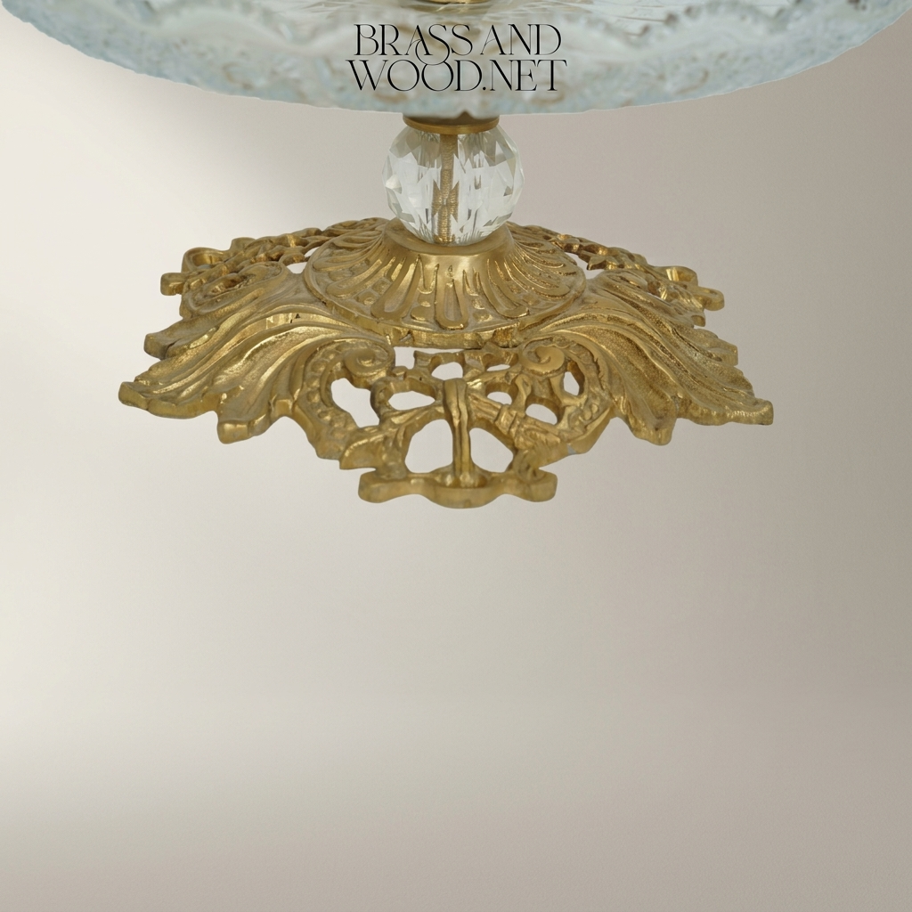 Classical Two-Tier Crystal & Brass Candy Dish - Ornate Leaf Handle Stand