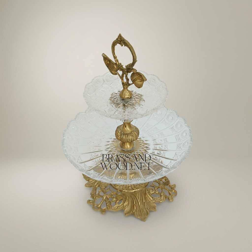 Classical Two-Tier Crystal & Brass Candy Dish - Ornate Leaf Handle Stand