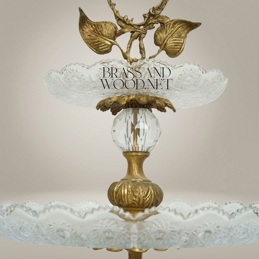 Classical Two-Tier Crystal & Brass Candy Dish - Ornate Leaf Handle Stand