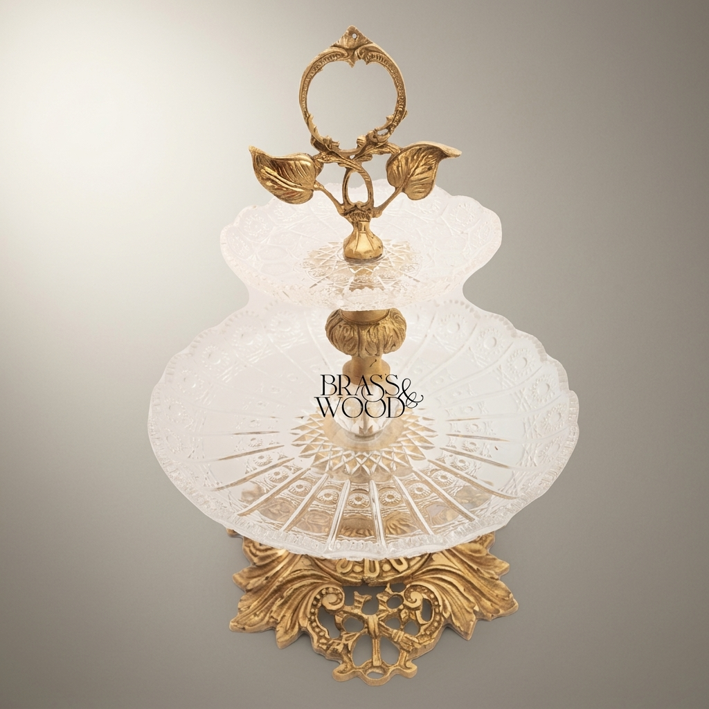 Classical Engraved Crystal & Brass Single-Tier Candy Stand - Floral Ring Handle
