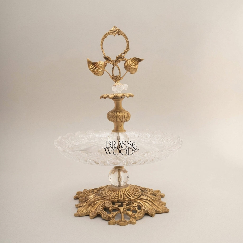 Classical Engraved Crystal & Brass Single-Tier Candy Stand - Floral Ring Handle