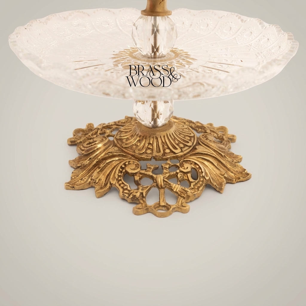 Classical Engraved Crystal & Brass Single-Tier Candy Stand - Floral Ring Handle