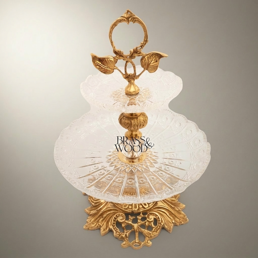Classical Engraved Crystal & Brass Single-Tier Candy Stand - Floral Ring Handle