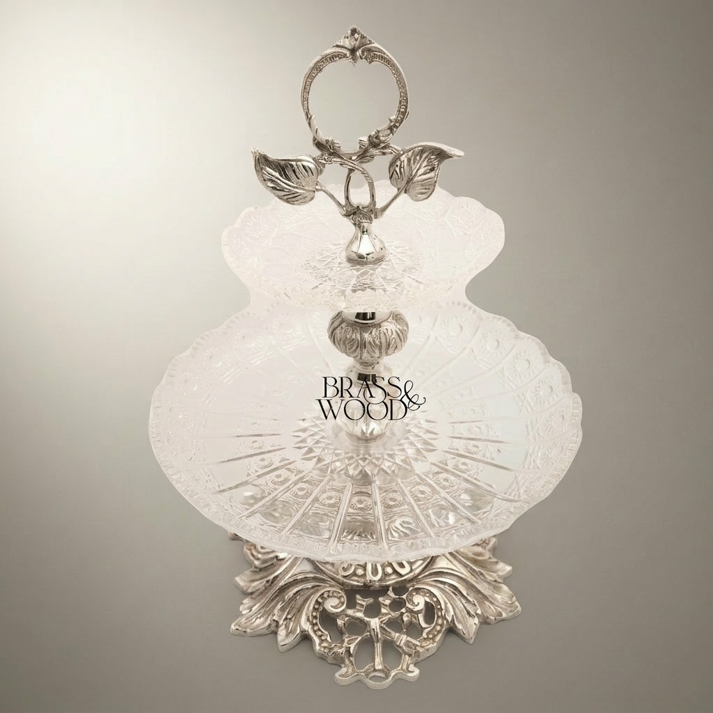 Classical Engraved Crystal & Brass Single-Tier Candy Stand - Floral Ring Handle