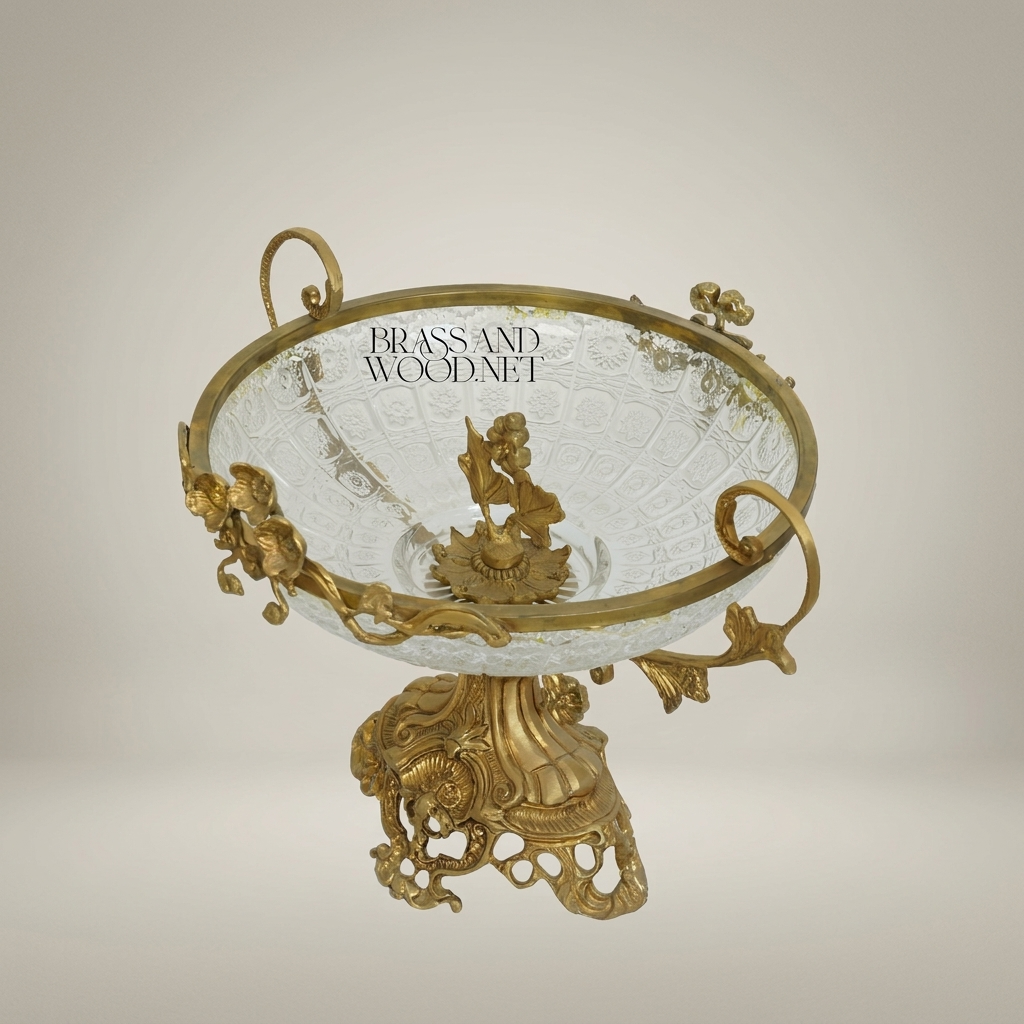 Baroque Brass & Glass Footed Centerpiece Bowl with Floral Scrollwork