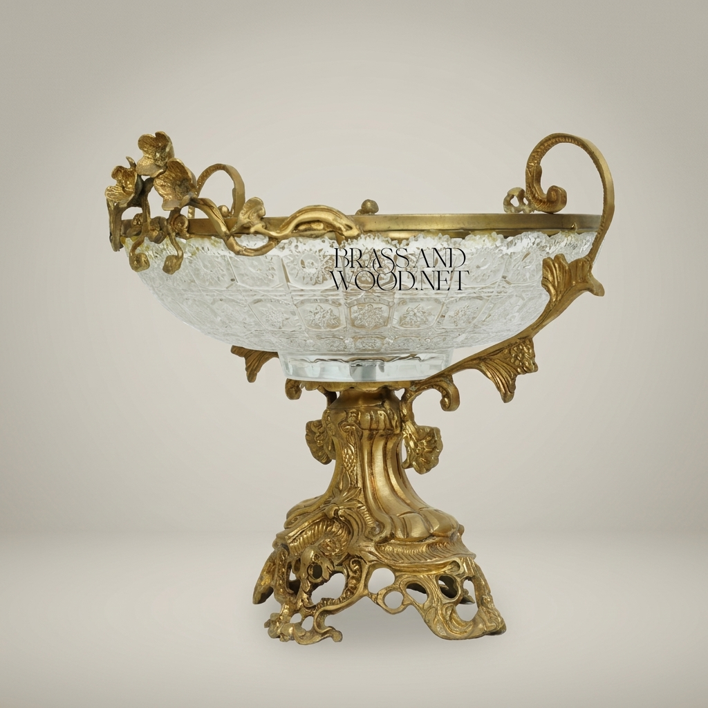 Baroque Brass & Glass Footed Centerpiece Bowl with Floral Scrollwork