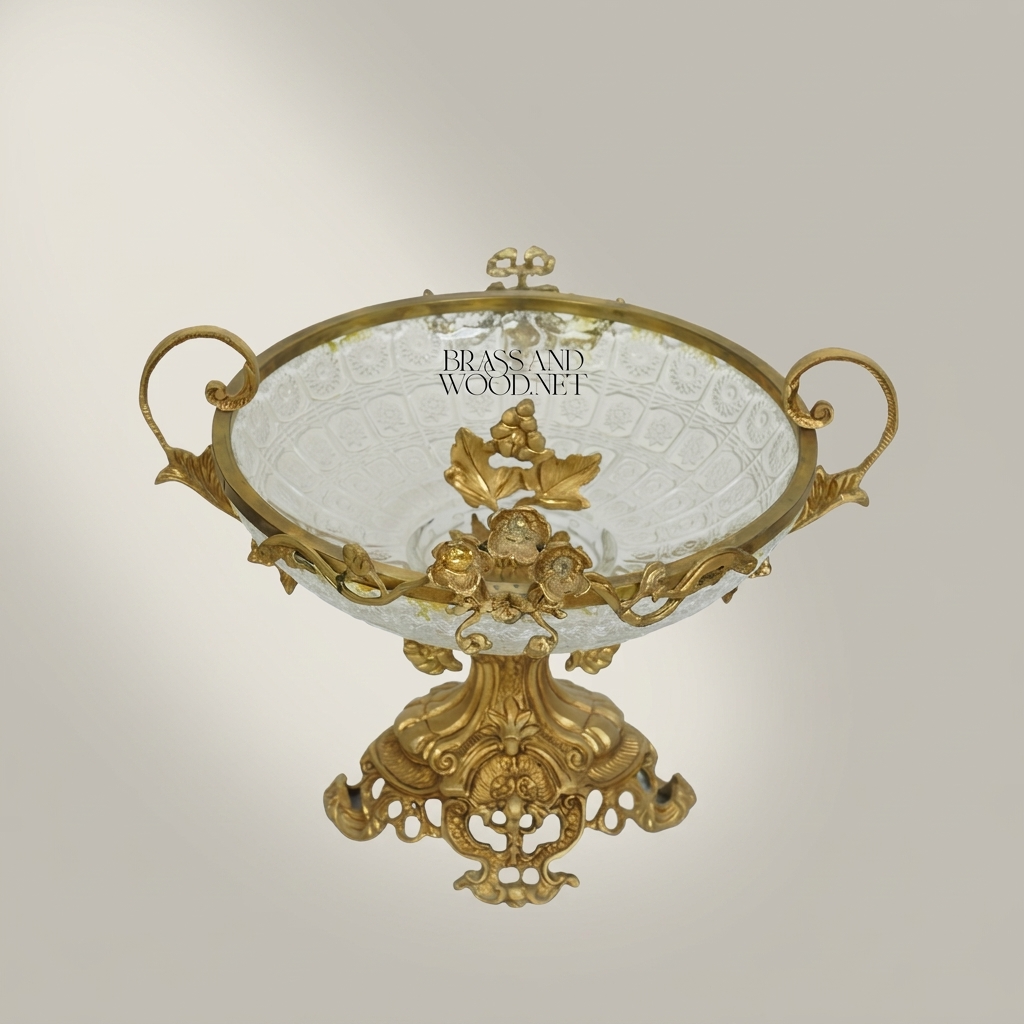 Baroque Brass & Glass Footed Centerpiece Bowl with Floral Scrollwork