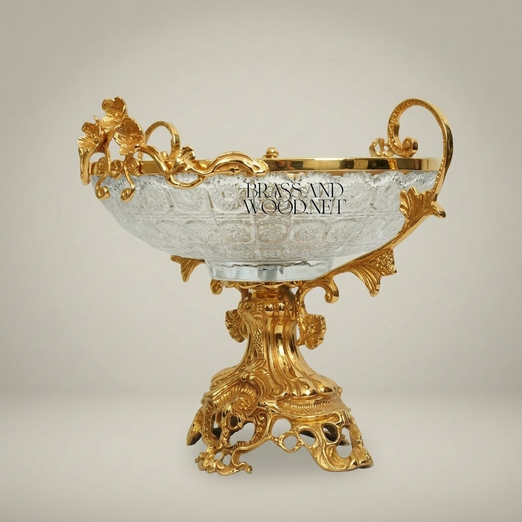 Baroque Brass & Glass Footed Centerpiece Bowl with Floral Scrollwork