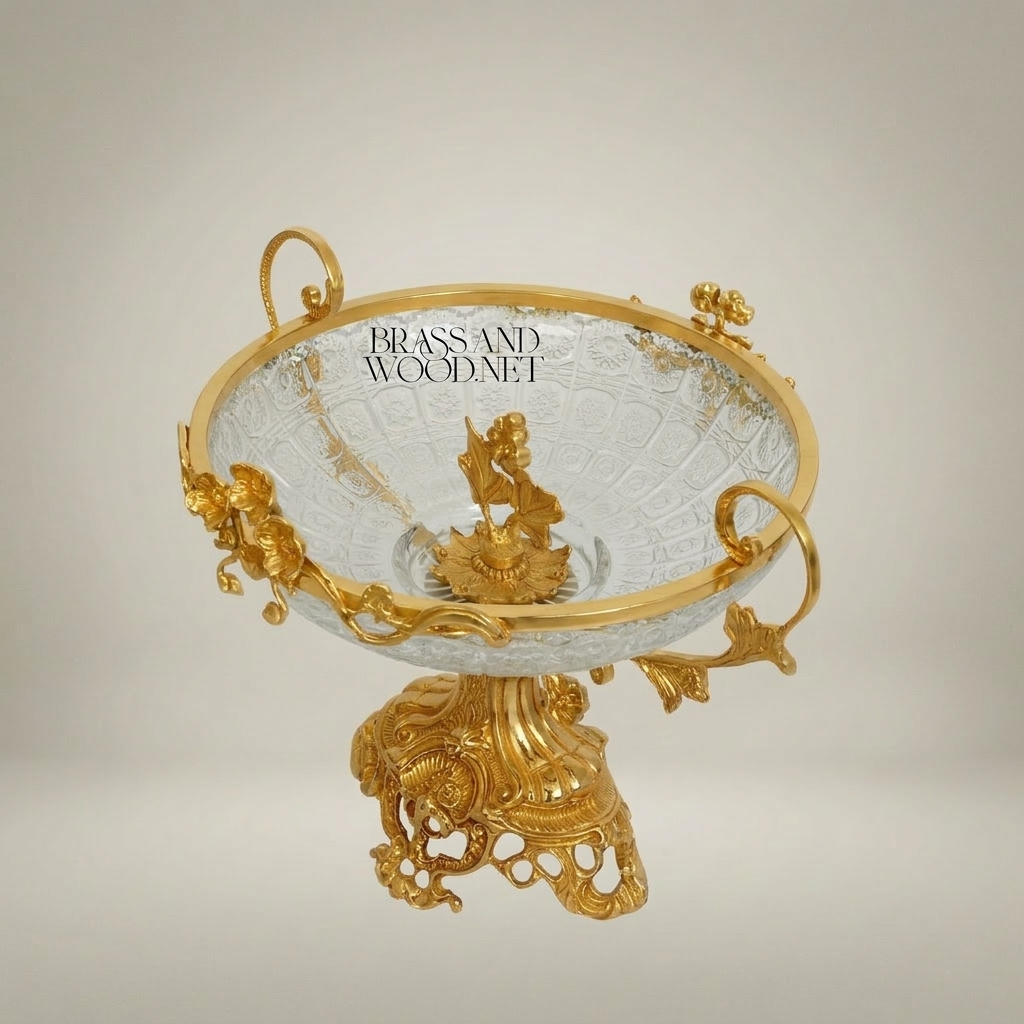 Baroque Brass & Glass Footed Centerpiece Bowl with Floral Scrollwork