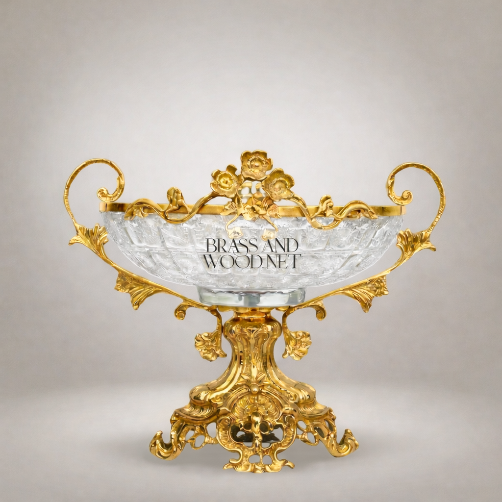 Baroque Brass & Glass Footed Centerpiece Bowl with Floral Scrollwork