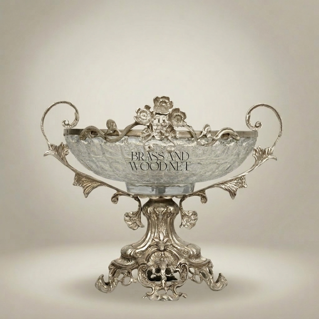 Baroque Brass & Glass Footed Centerpiece Bowl with Floral Scrollwork
