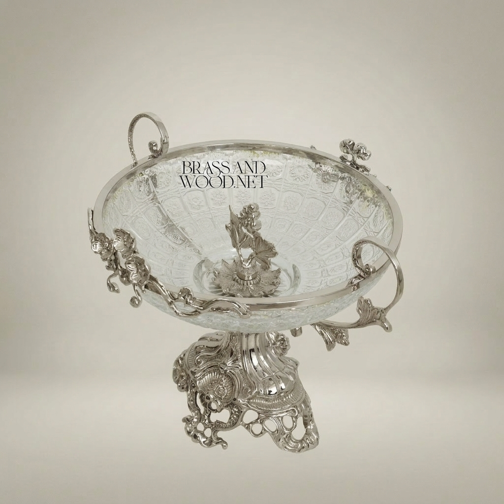 Baroque Brass & Glass Footed Centerpiece Bowl with Floral Scrollwork