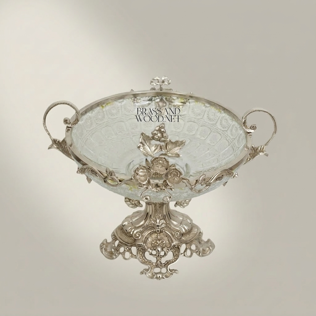 Baroque Brass & Glass Footed Centerpiece Bowl with Floral Scrollwork