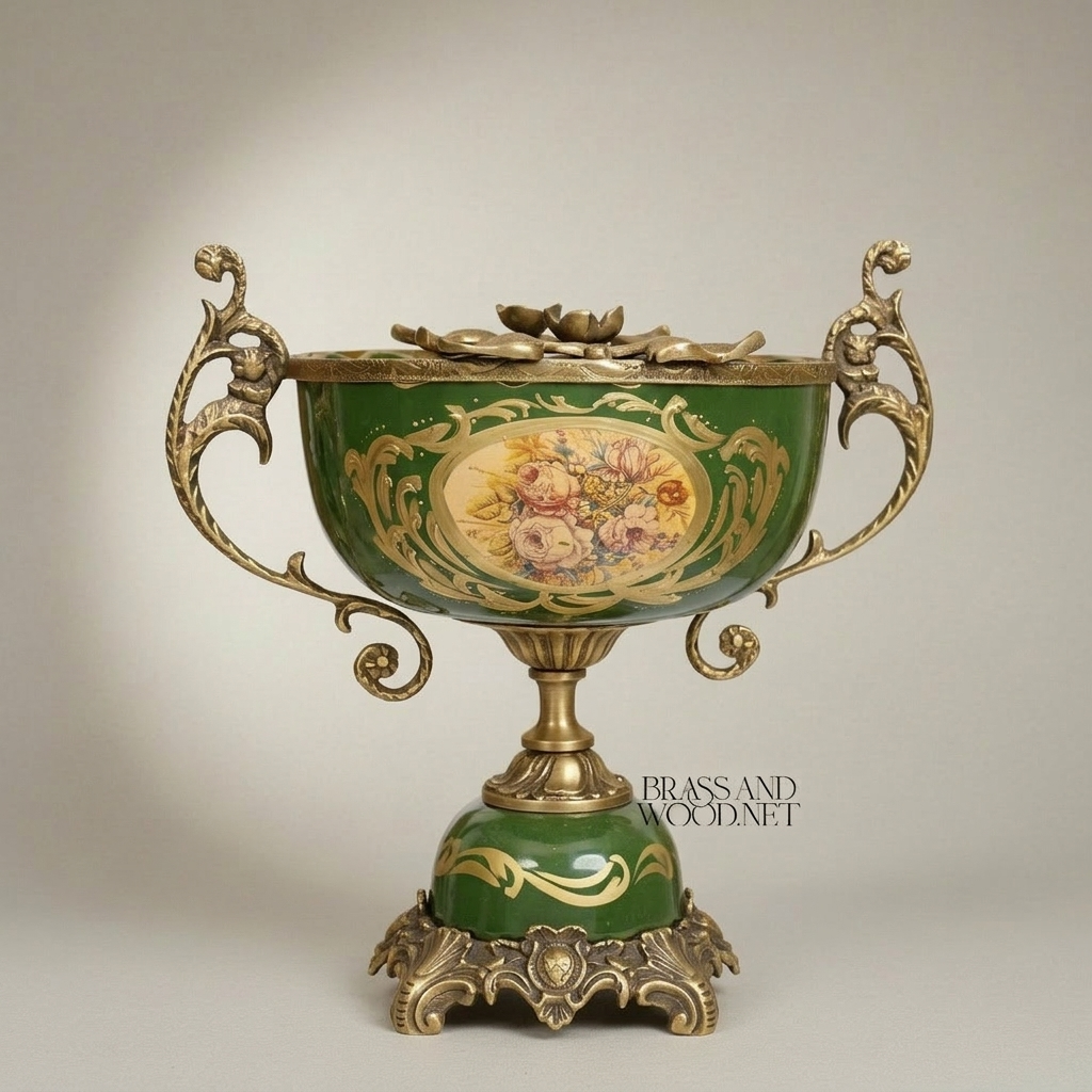 Napoleon III Rococo Revival Green Ceramic Coupe with Painted Floral Cartouche and Rocaille Brass Mounts