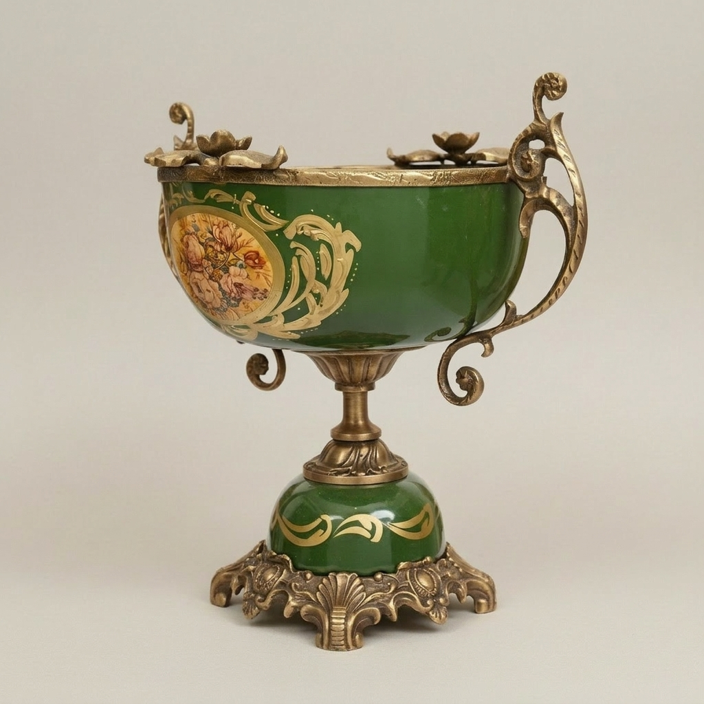 Napoleon III Rococo Revival Green Ceramic Coupe with Painted Floral Cartouche and Rocaille Brass Mounts
