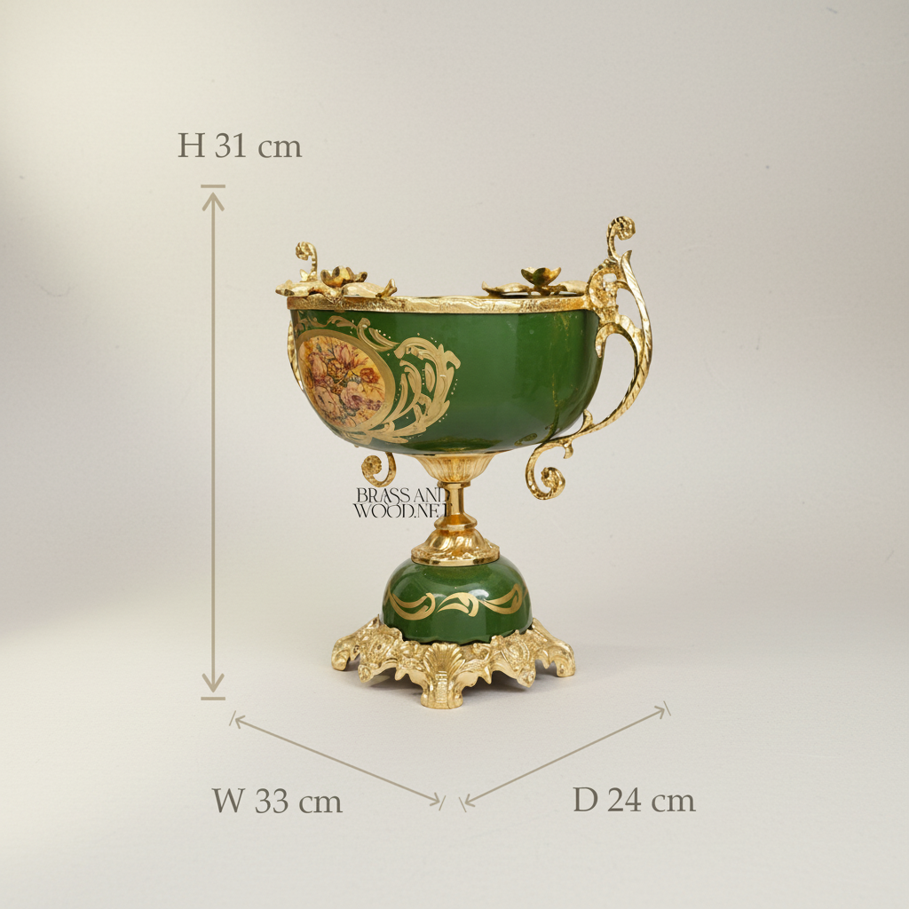 Napoleon III Rococo Revival Green Ceramic Coupe with Painted Floral Cartouche and Rocaille Brass Mounts