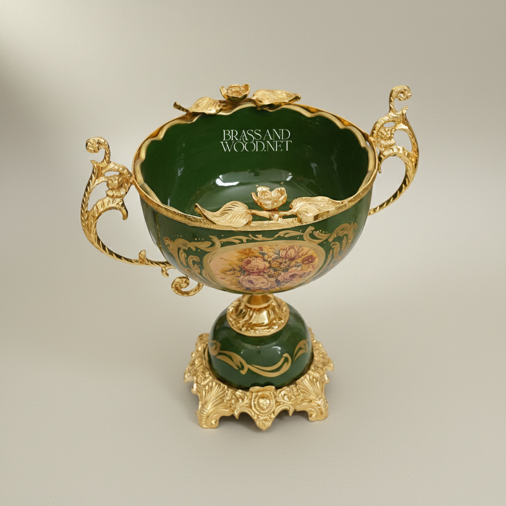 Napoleon III Rococo Revival Green Ceramic Coupe with Painted Floral Cartouche and Rocaille Brass Mounts