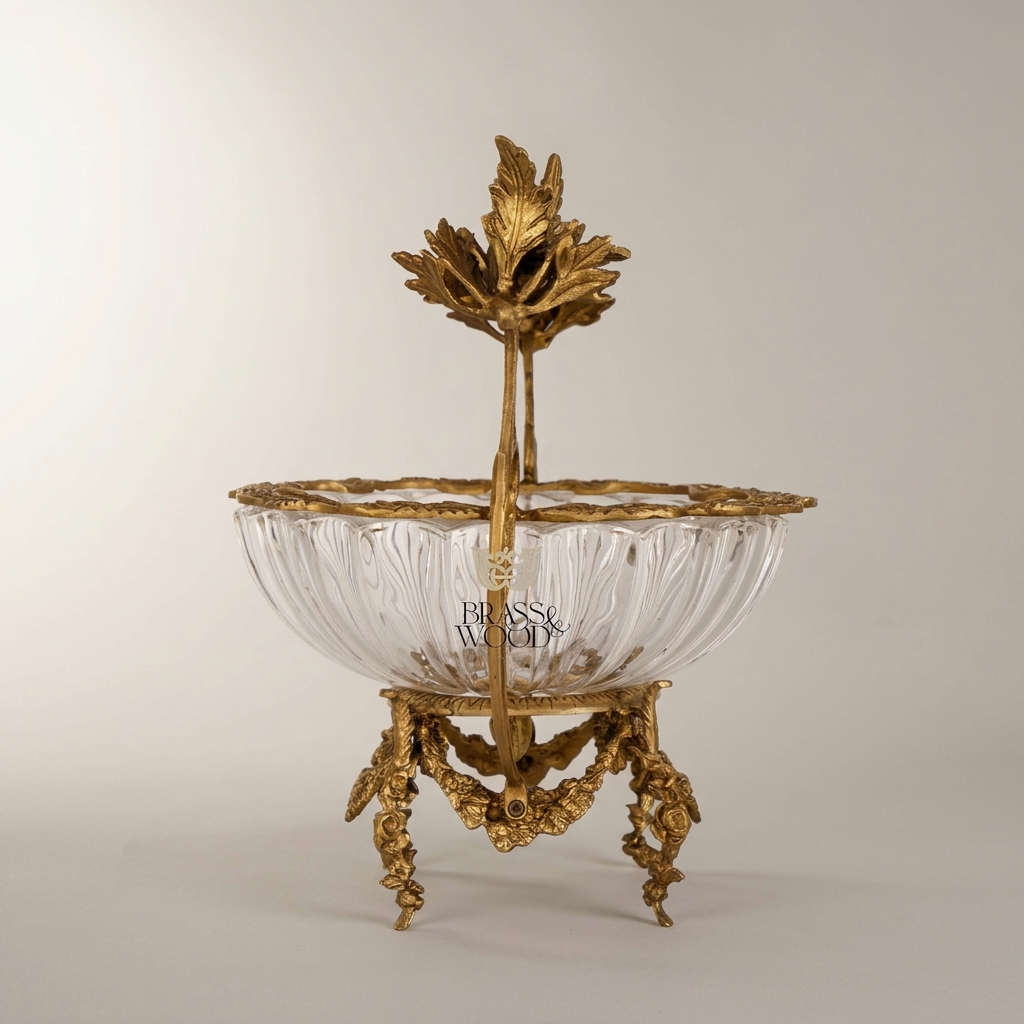 Rococo Crystal & Brass Centerpiece Bowl with Floral Branch Handles