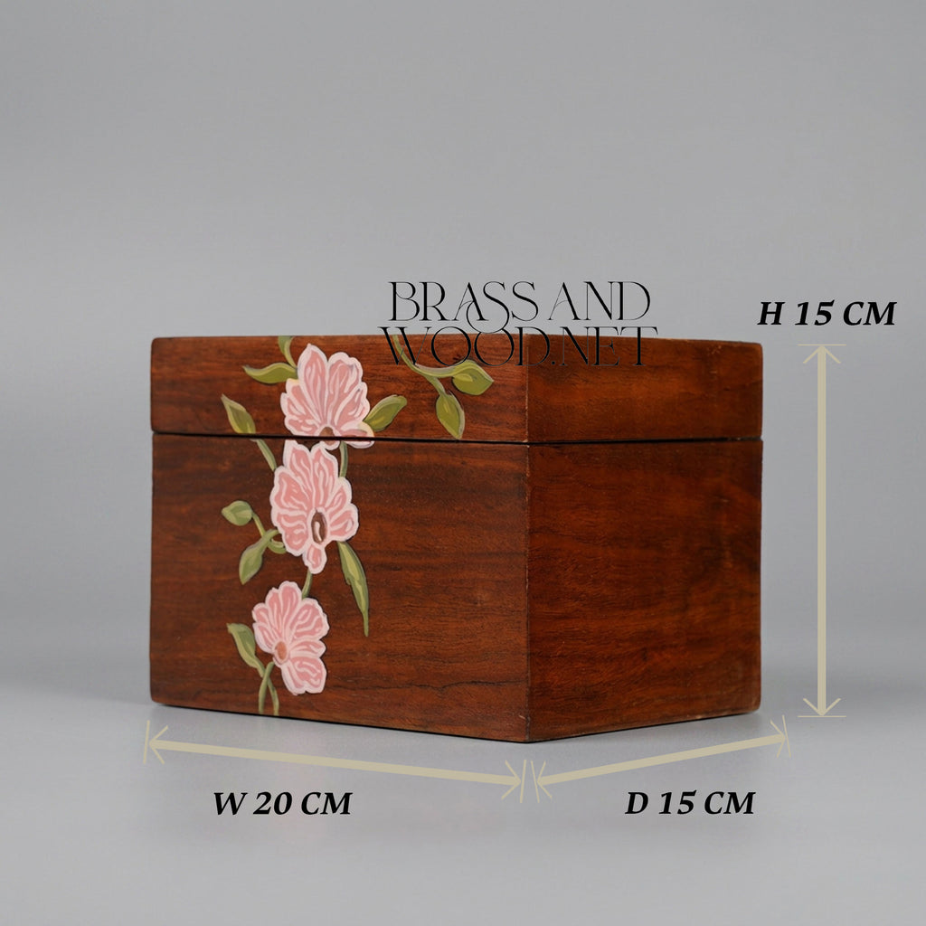 Art Nouveau Hand-Painted Solid Wood Tissue Box - Pink Blossom Floral Motif