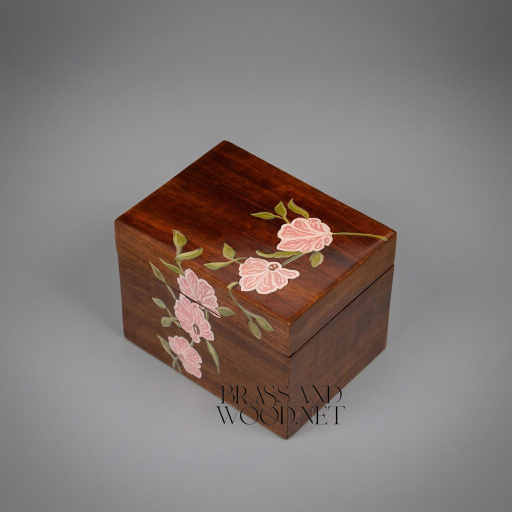 Art Nouveau Hand-Painted Solid Wood Tissue Box - Pink Blossom Floral Motif