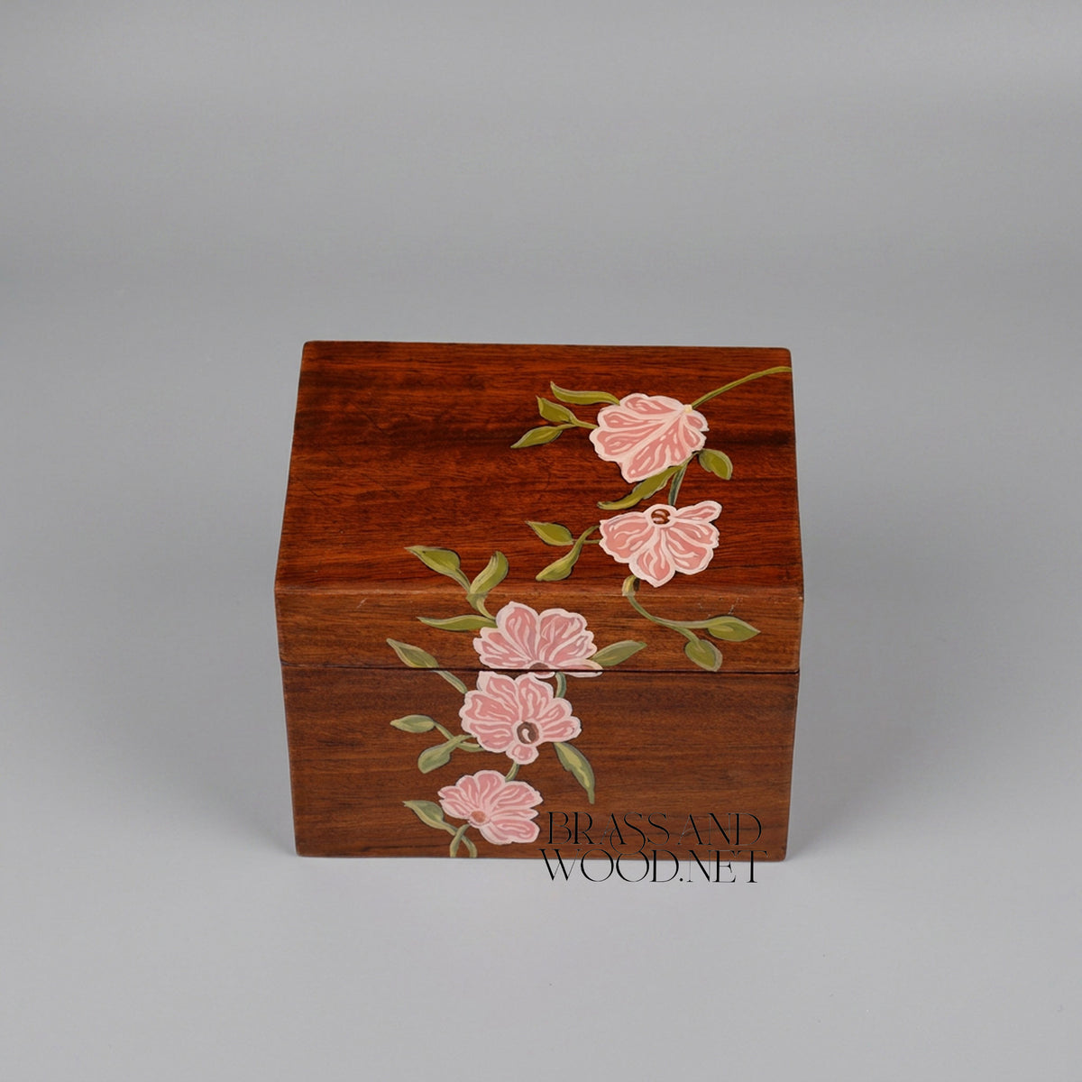 Art Nouveau Hand-Painted Solid Wood Tissue Box - Pink Blossom Floral Motif