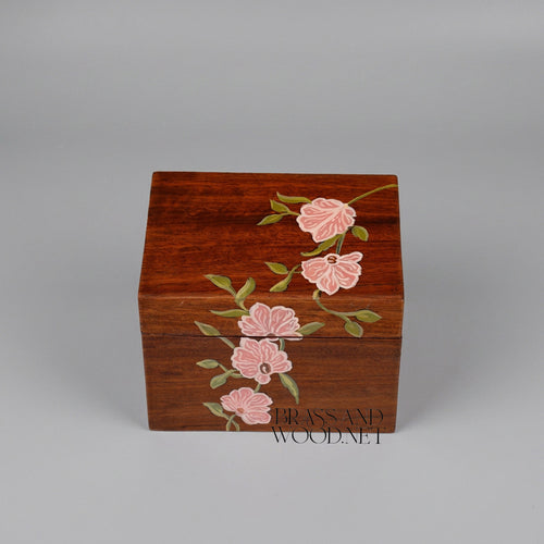 Art Nouveau Hand-Painted Solid Wood Tissue Box - Pink Blossom Floral Motif