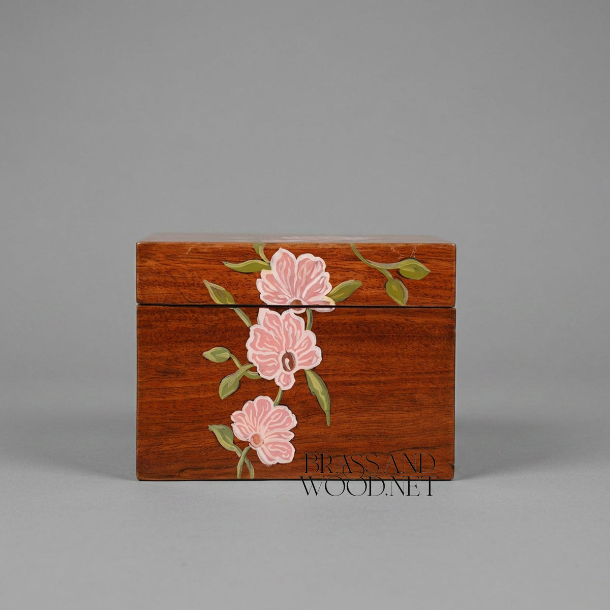 Art Nouveau Hand-Painted Solid Wood Tissue Box - Pink Blossom Floral Motif