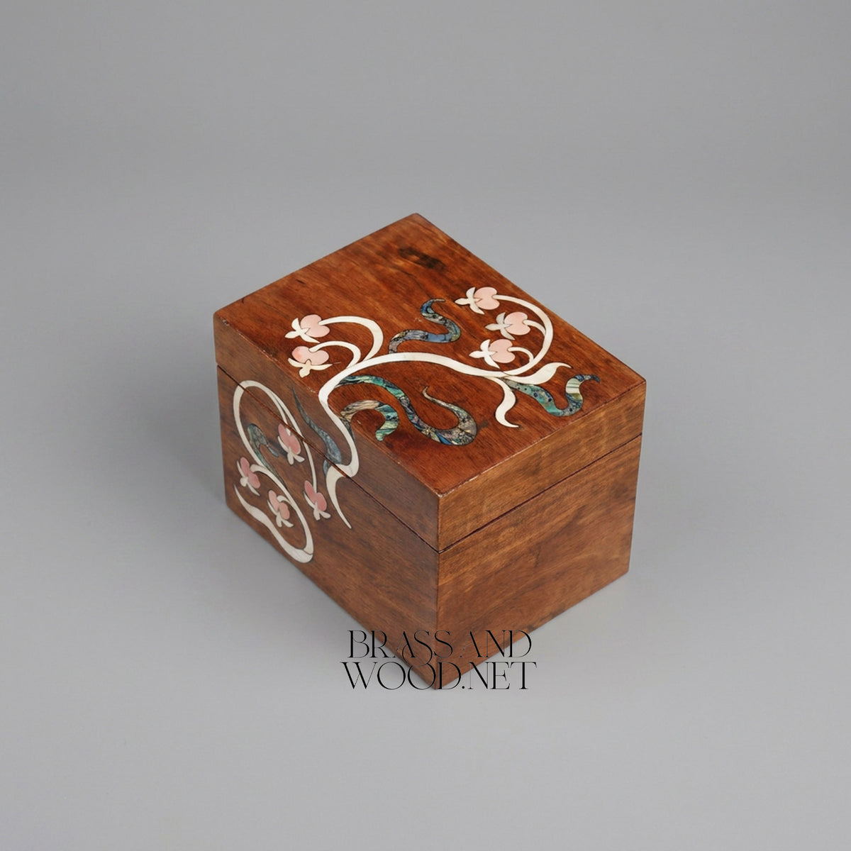 Art Nouveau Solid Wood Tissue Box — Floral Vine Mother-of-Pearl Inlay