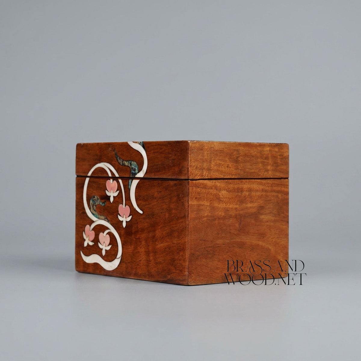 Art Nouveau Solid Wood Tissue Box — Floral Vine Mother-of-Pearl Inlay