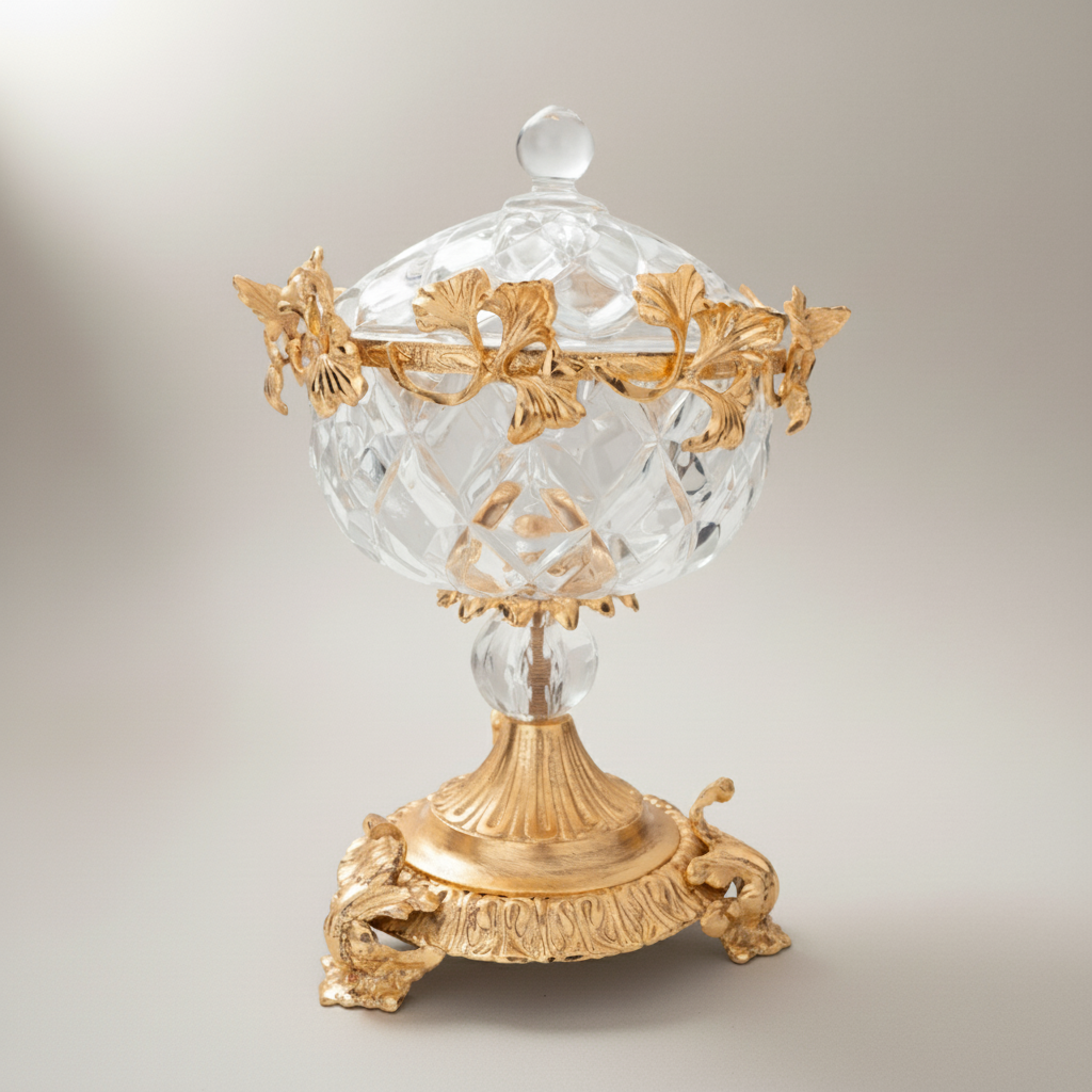 Belle Époque Cut Crystal Bonbonniere with Brass Floral Collar & Acanthus Base