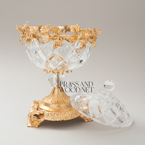 Belle Époque Cut Crystal Bonbonniere with Brass Floral Collar & Acanthus Base