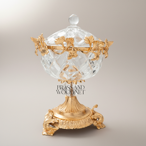Belle Époque Cut Crystal Bonbonniere with Brass Floral Collar & Acanthus Base