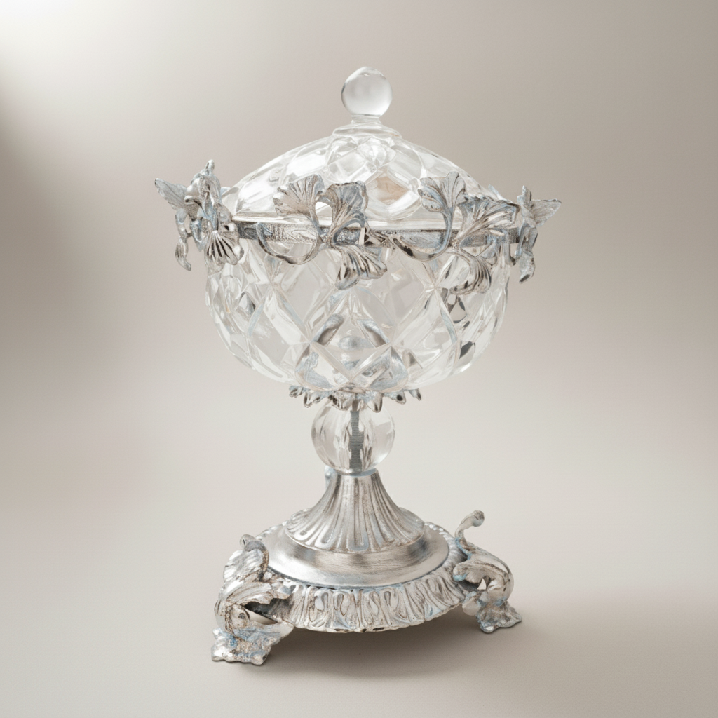 Belle Époque Cut Crystal Bonbonniere with Brass Floral Collar & Acanthus Base