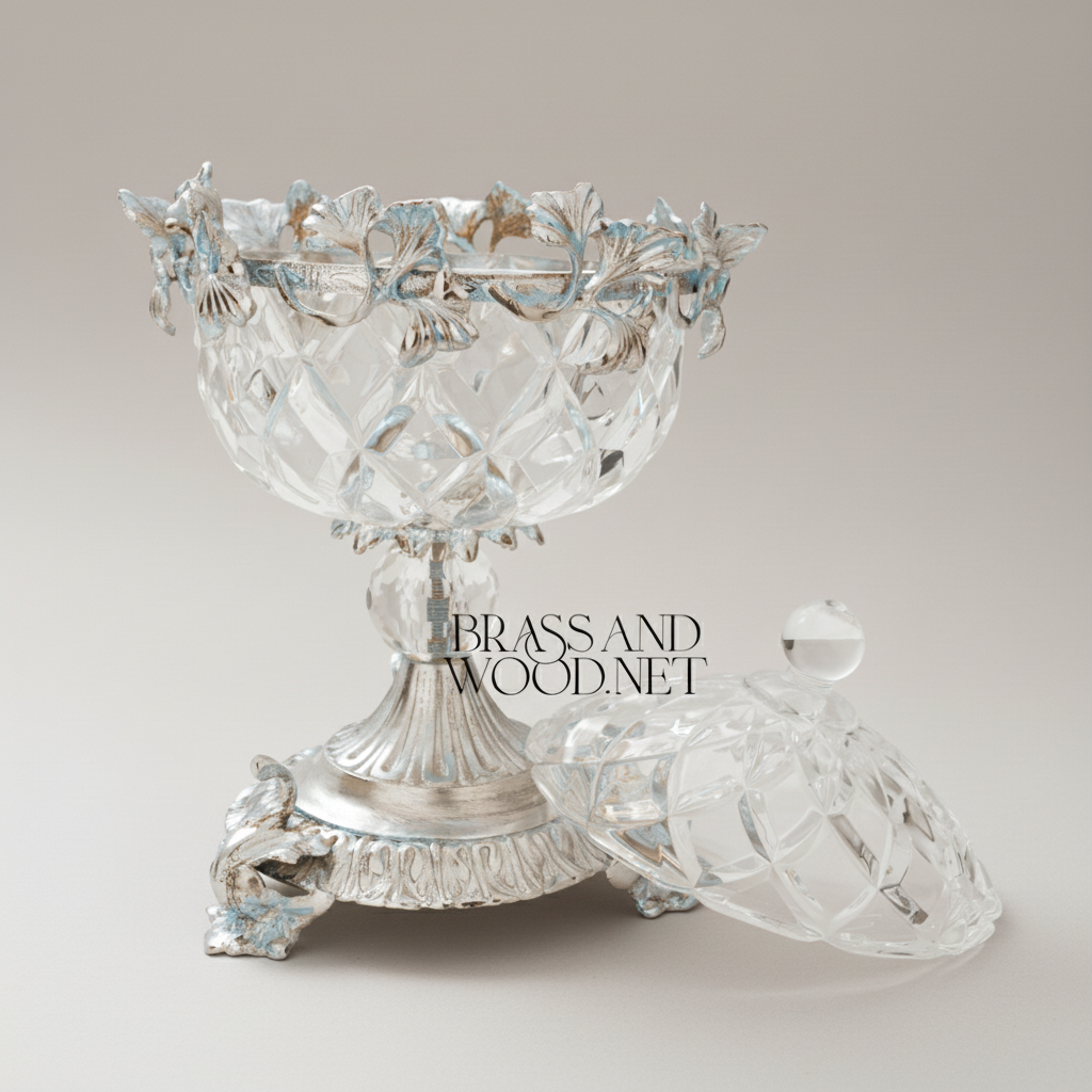 Belle Époque Cut Crystal Bonbonniere with Brass Floral Collar & Acanthus Base