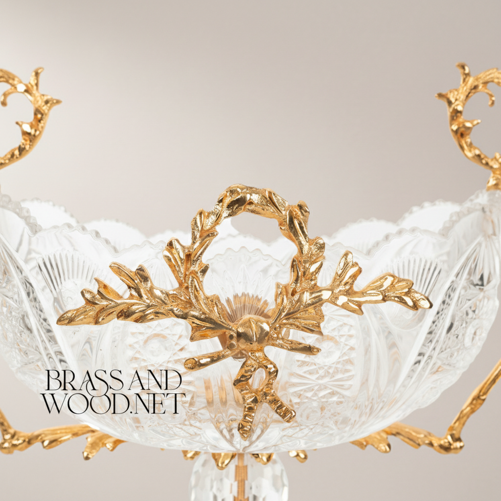 Louis XVI Neoclassical Cut Crystal Centerpiece Bowl with Laurel Wreath Brass Mount