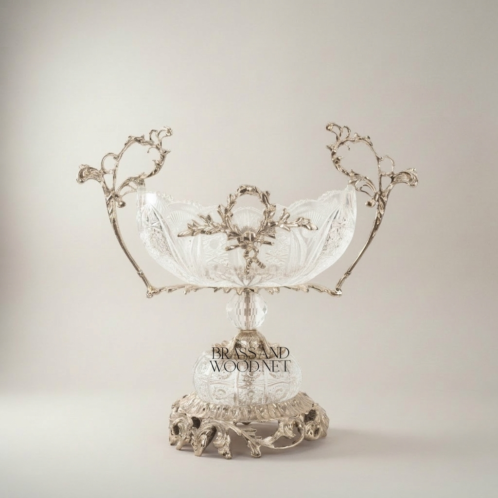 Louis XVI Neoclassical Cut Crystal Centerpiece Bowl with Laurel Wreath Brass Mount