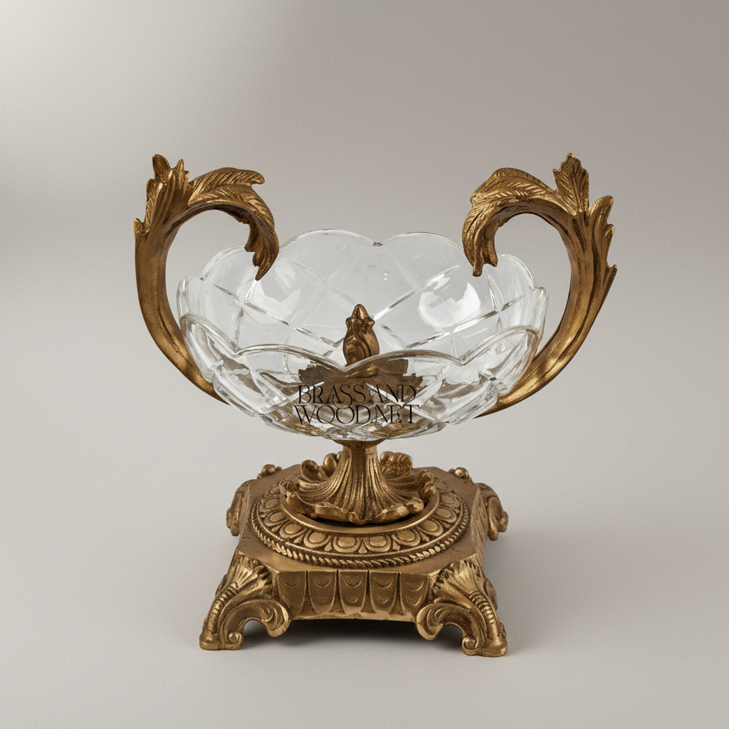 Napoleon III Rococo Revival Crystal Bowl with Acanthus Brass Handles