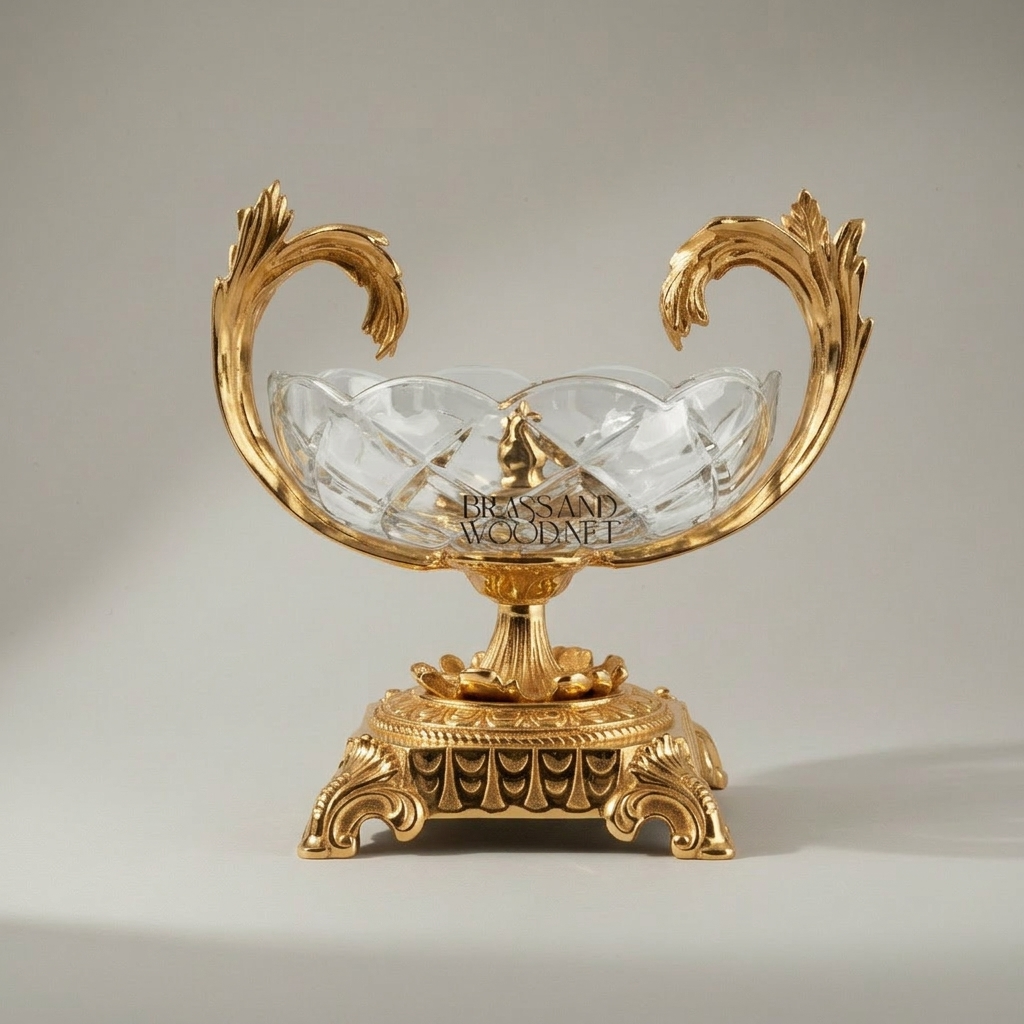 Napoleon III Rococo Revival Crystal Bowl with Acanthus Brass Handles