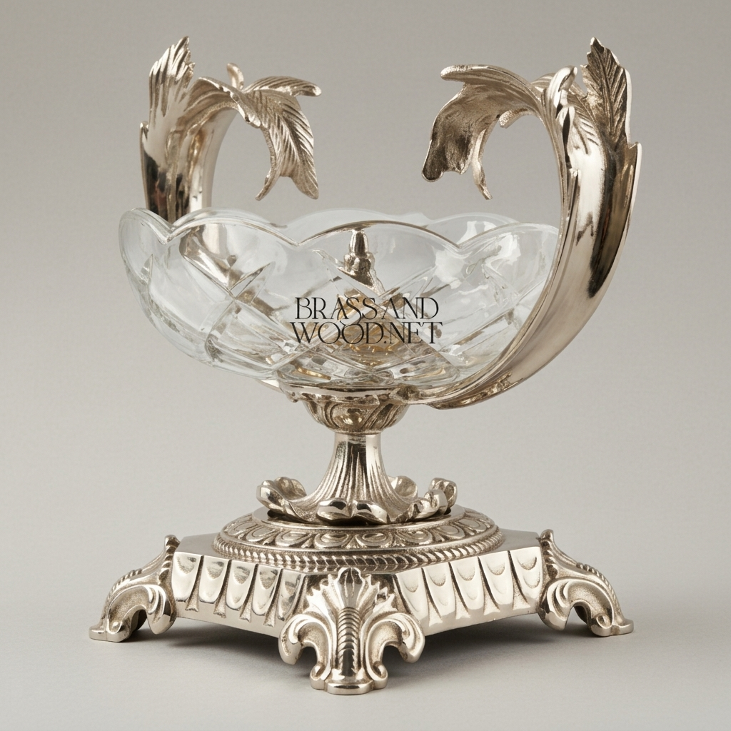 Napoleon III Rococo Revival Crystal Bowl with Acanthus Brass Handles
