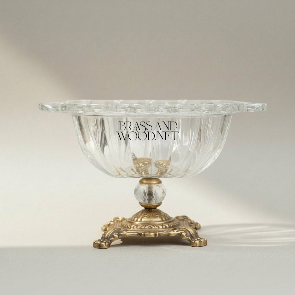 Belle Époque Ribbed Crystal Coupe Bowl on Ornate Brass Pedestal