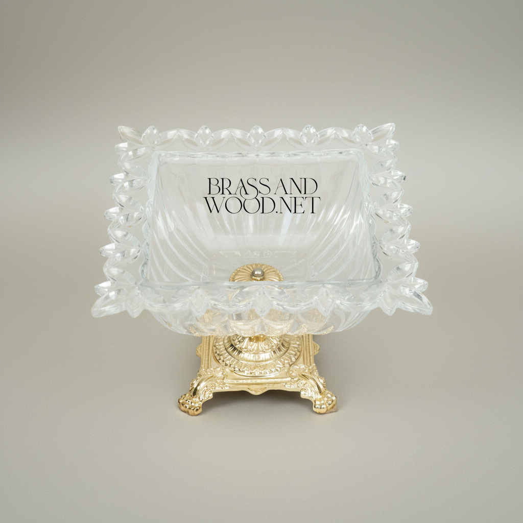Belle Époque Ribbed Crystal Coupe Bowl on Ornate Brass Pedestal